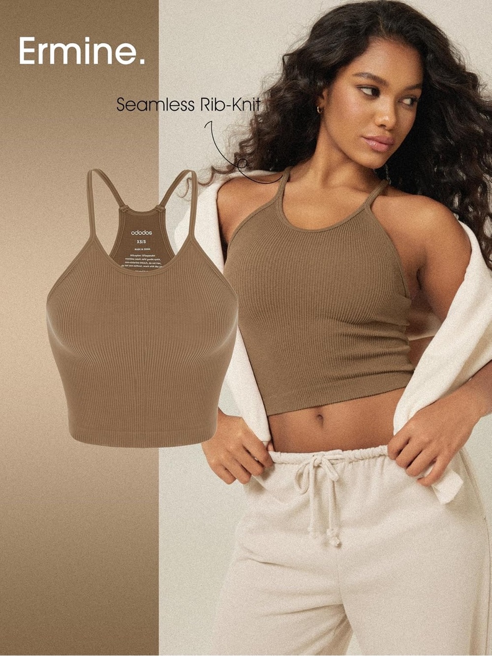 ODODOS Seamless Rib-Knit Camisole Strappy Racerback Cropped Tank Top